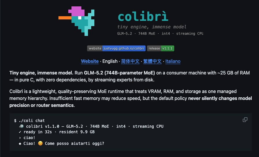 Colibrì GitHub repository README showing the ./coli chat terminal demo: GLM-5.2, 744B MoE, int4, streaming CPU, ready in 32 seconds, 9.9GB resident RAM