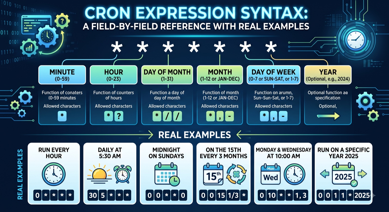 Reference diagram breaking down cron expression syntax field by field, with special characters and common real-world cron schedule examples