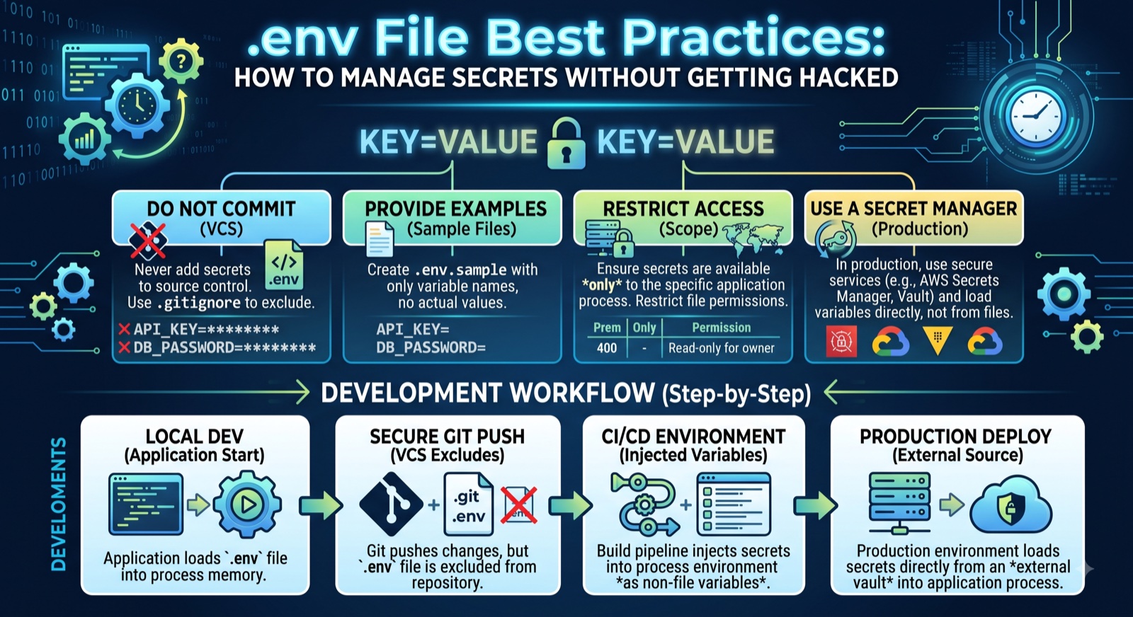 Diagram of .env file best practices, covering gitignore rules, startup validation, and secret manager alternatives to hardcoded environment secrets