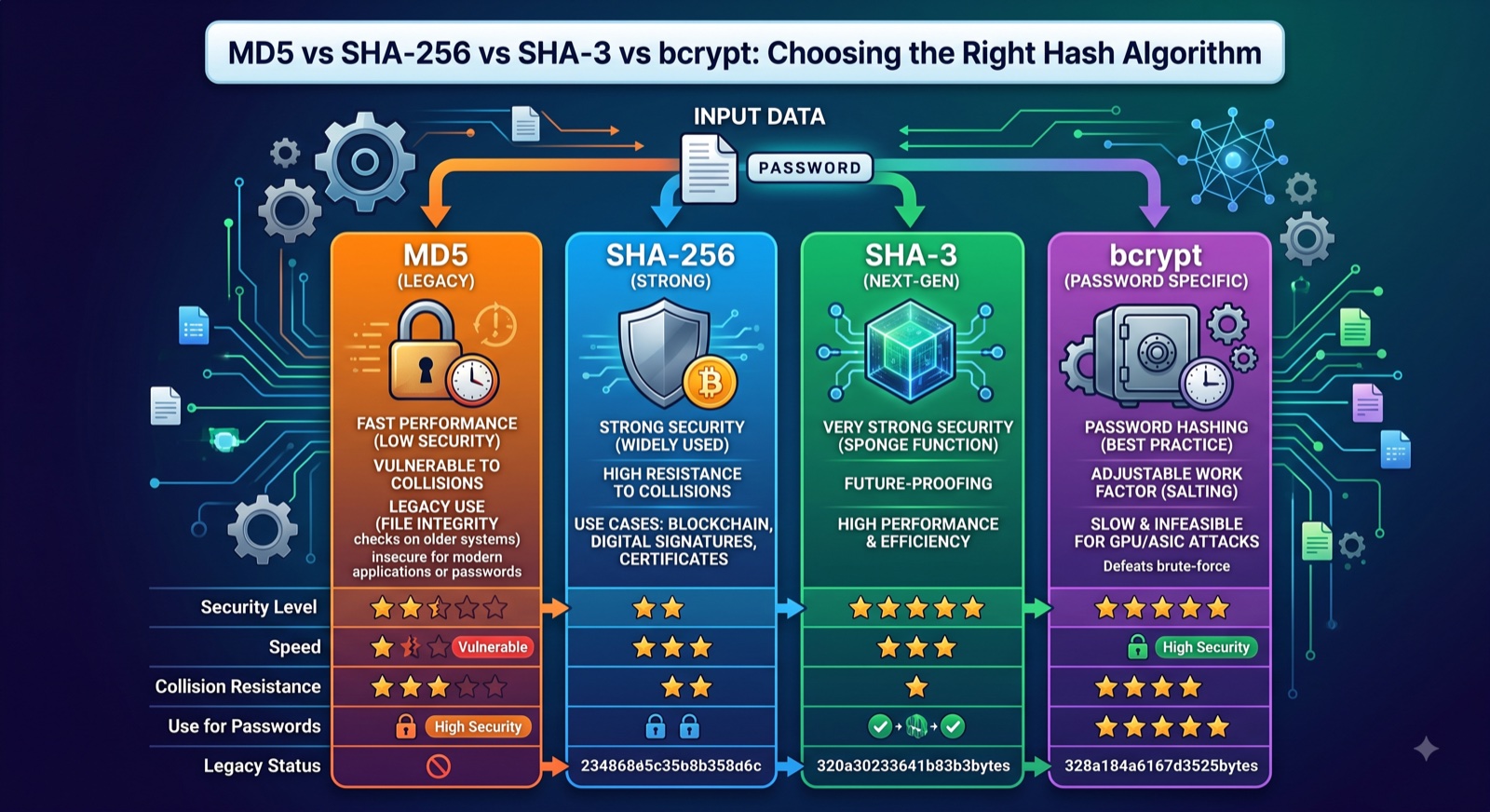 Comparison of MD5, SHA-256, SHA-3, and bcrypt hash algorithms, showing which are fast cryptographic hashes and which are slow password-hashing algorithms