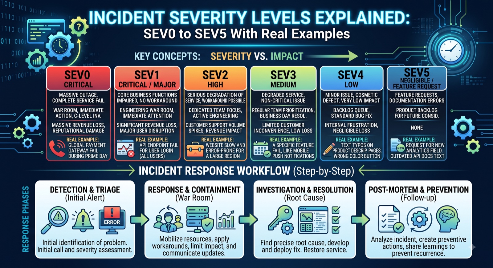 Diagram explaining SEV0 through SEV5 incident severity levels, with escalation paths and response time expectations for each level