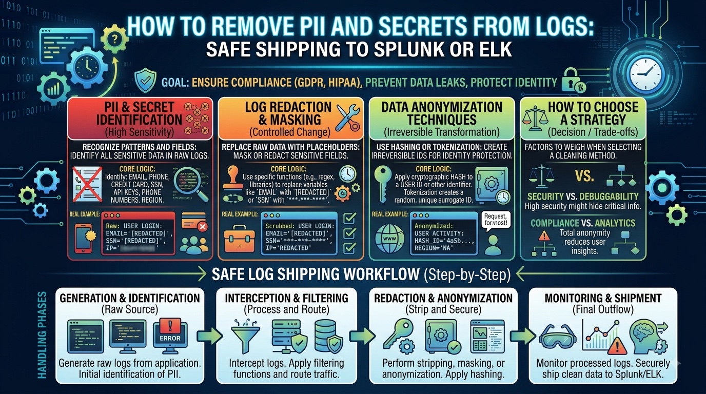 Workflow diagram for removing PII and secrets from application logs before shipping to Splunk or ELK, covering identification, redaction, and anonymization